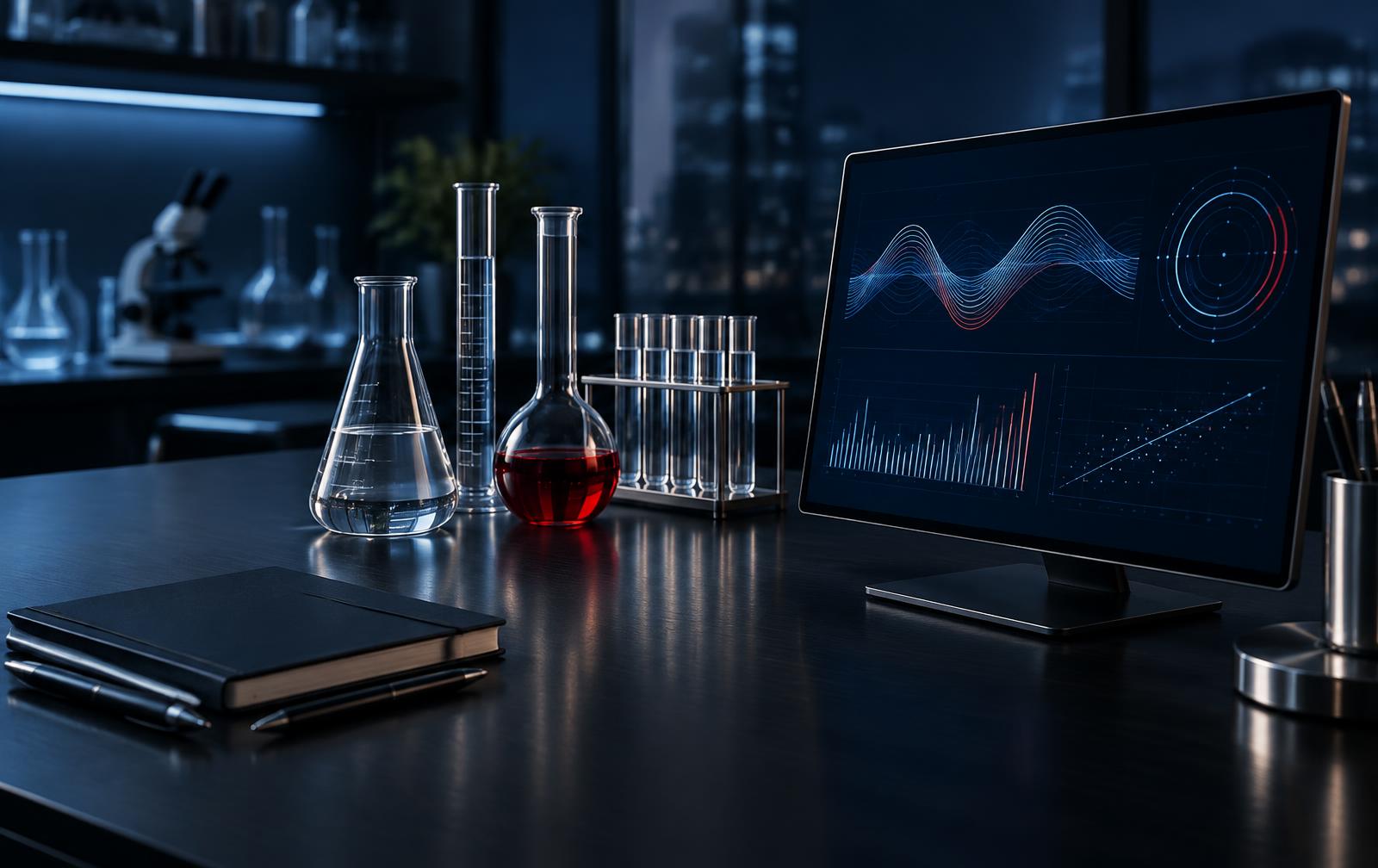 Laboratory analysis display and scientific glassware in an executive research setting