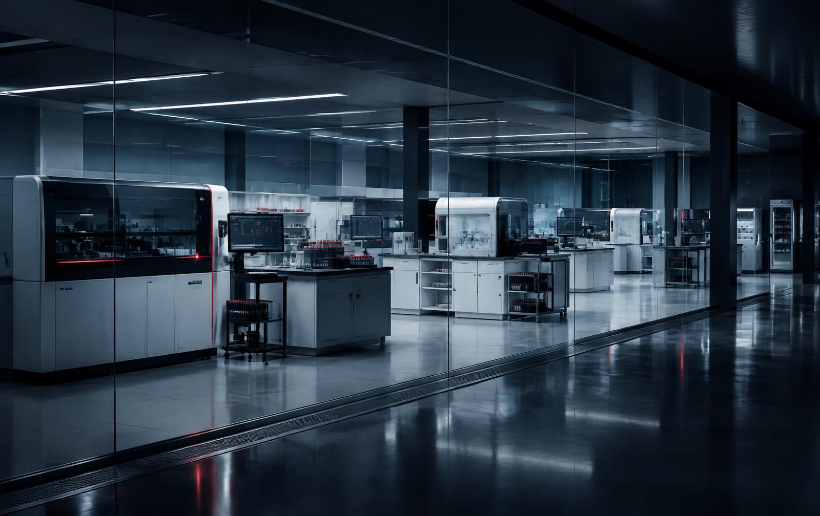 Modern molecular laboratory with organized analyzers and work zones