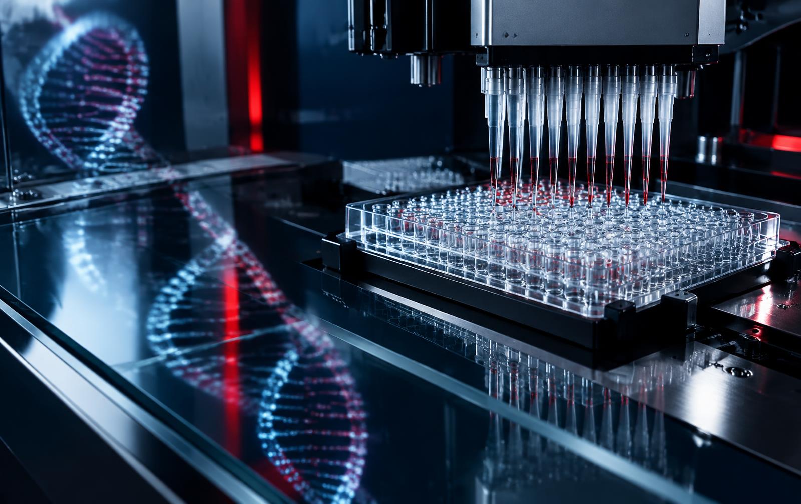 Precision molecular diagnostics equipment processing a clear laboratory plate